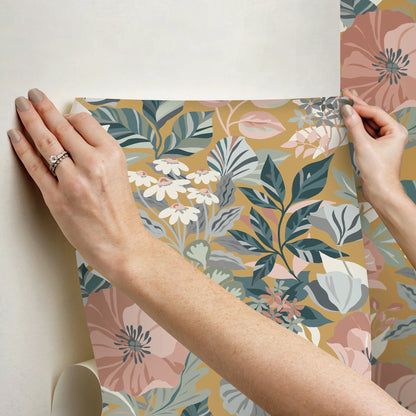 York Wallcoverings RoomMates Poppy Fields Mustard Peel and Stick Wallpaper Transitional Botanical Yellows  Wallpaper - RMK12761PLW