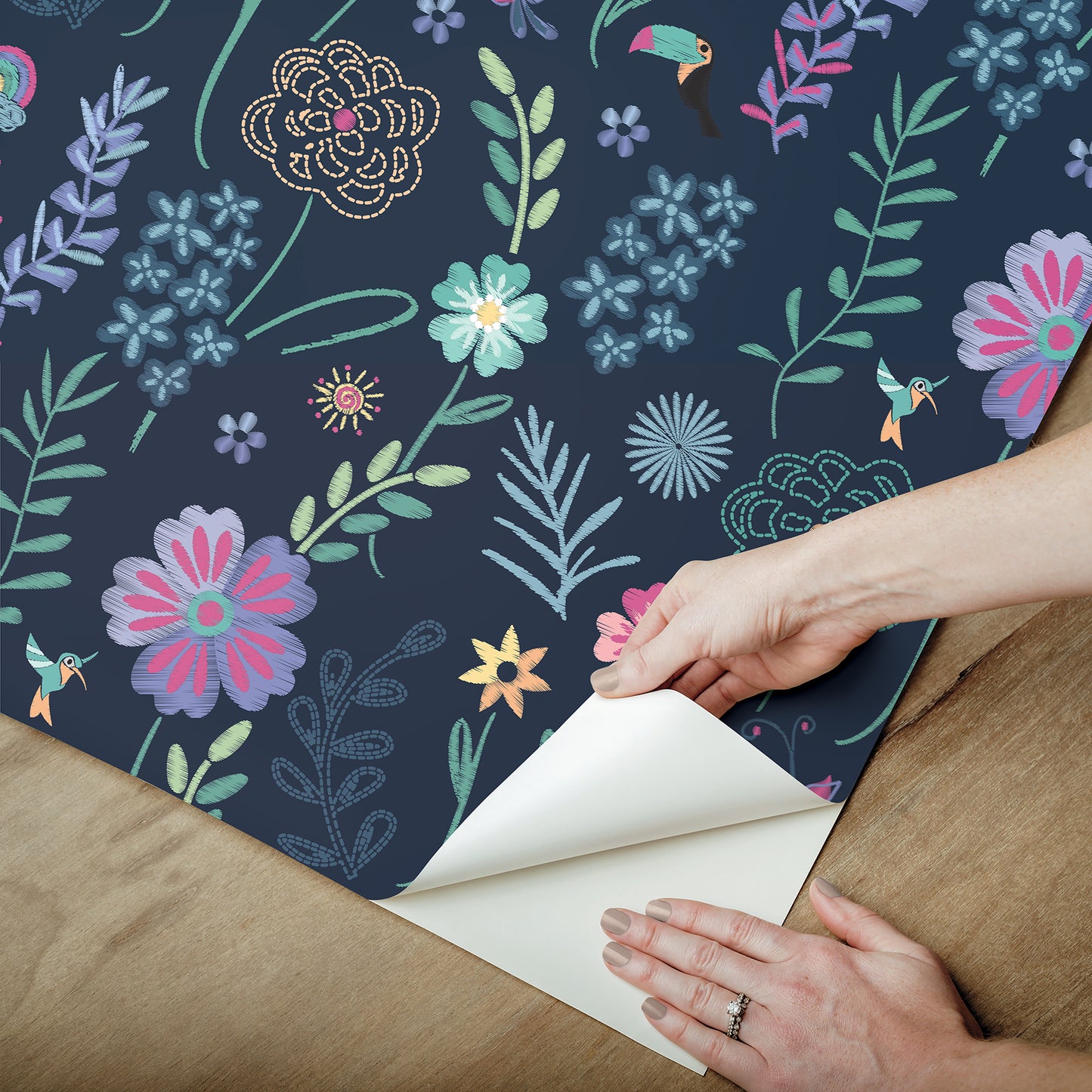 York Wallcoverings RoomMates Disney Encanto Navy Embroidery Floral Peel and Stick Wallpaper Modern Botanical Blues  Wallpaper - RMK12790PLW