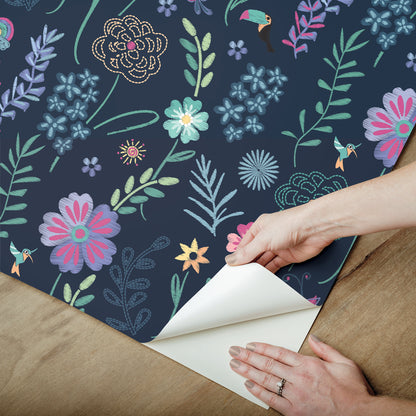 York Wallcoverings RoomMates Disney Encanto Navy Embroidery Floral Peel and Stick Wallpaper Modern Botanical Blues  Wallpaper - RMK12790PLW