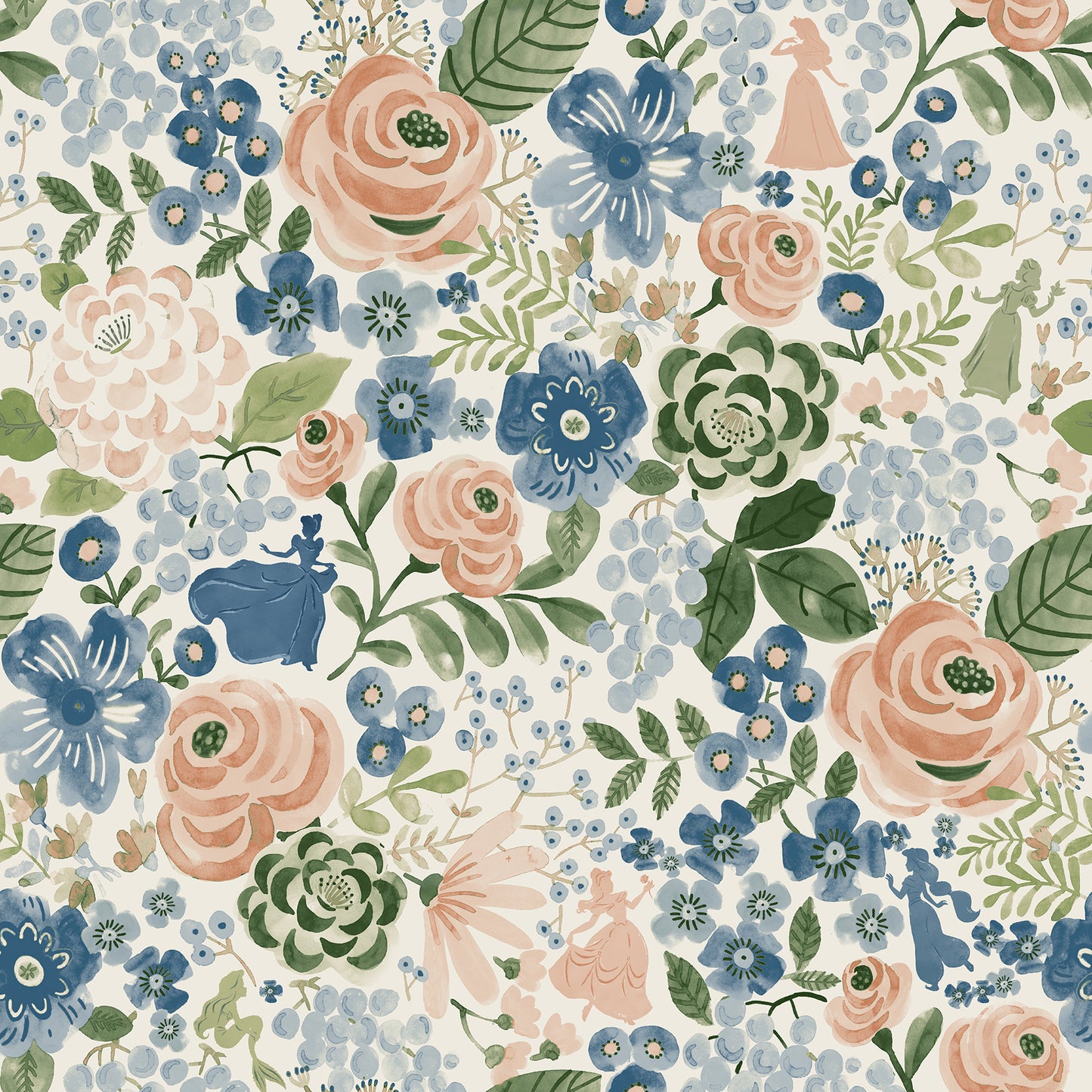 York Wallcoverings RoomMates Disney Princess Blue Watercolor Floral Peel and Stick Wallpaper Modern Botanical Blues  Wallpaper - RMK12793PLW