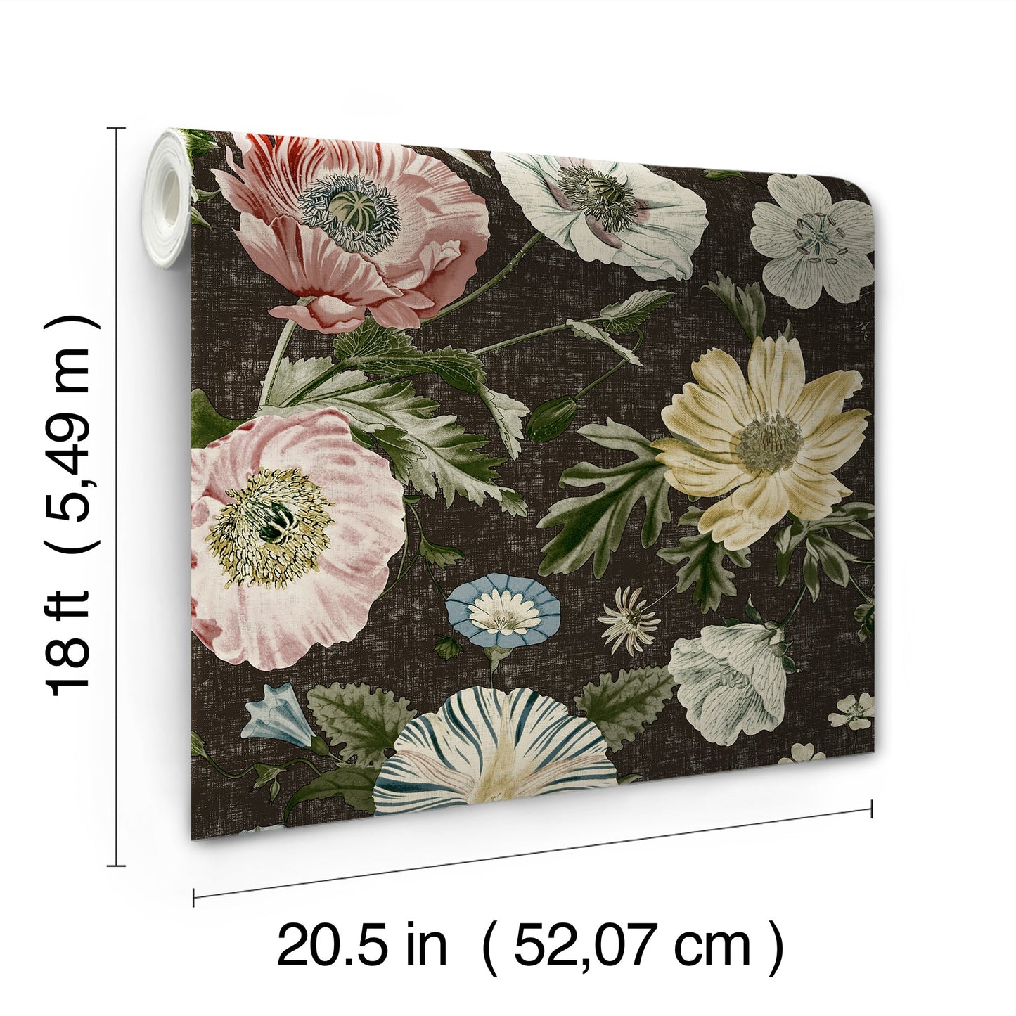 Dark floral wallpaper panel, 20.5 in wide x 18 ft tall, with pink, white, yellow and blue flowers on black background.
