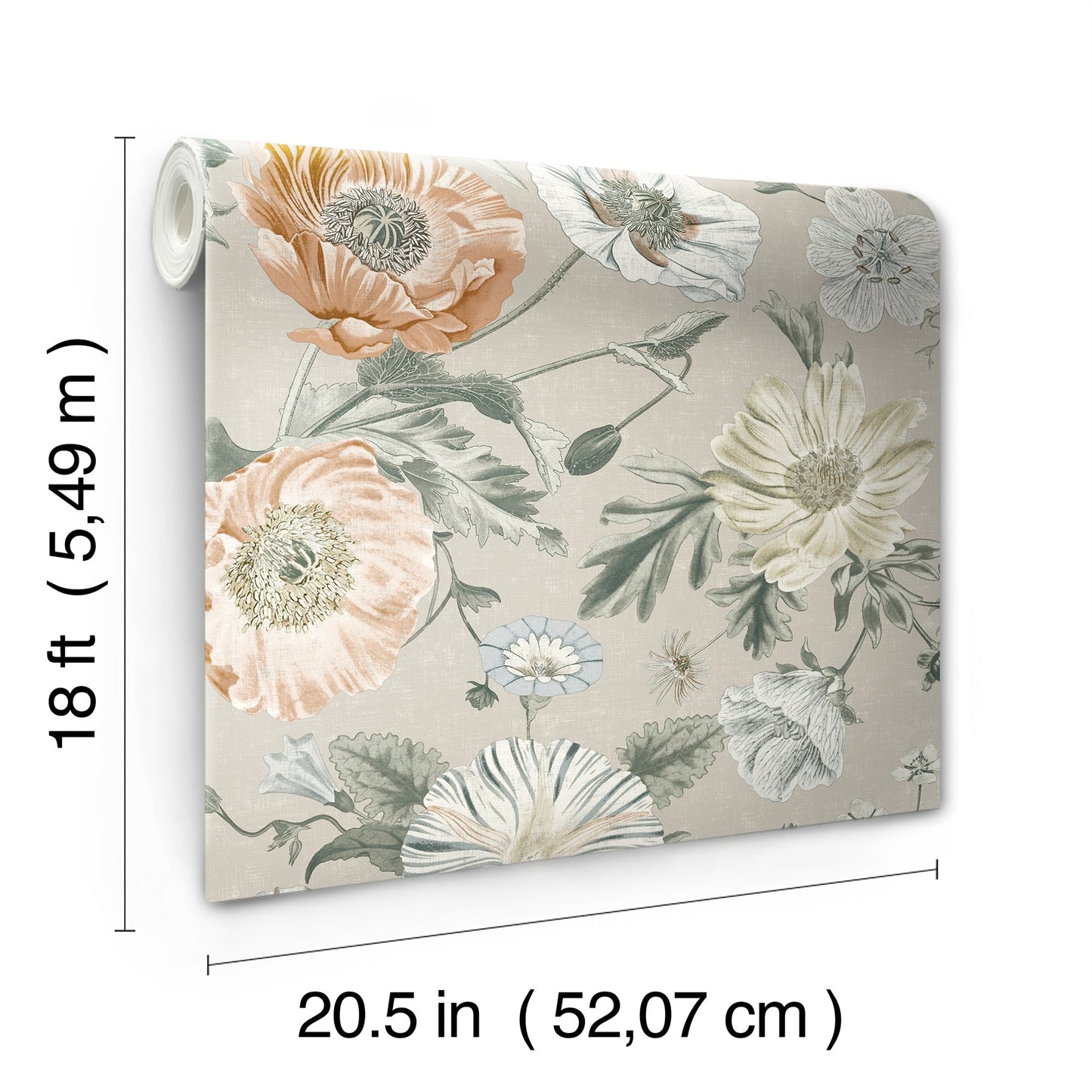 Pastel floral wallpaper featuring peach, white and gray poppies; vintage-style pattern, peel-and-stick; 20.5 x 18 in.