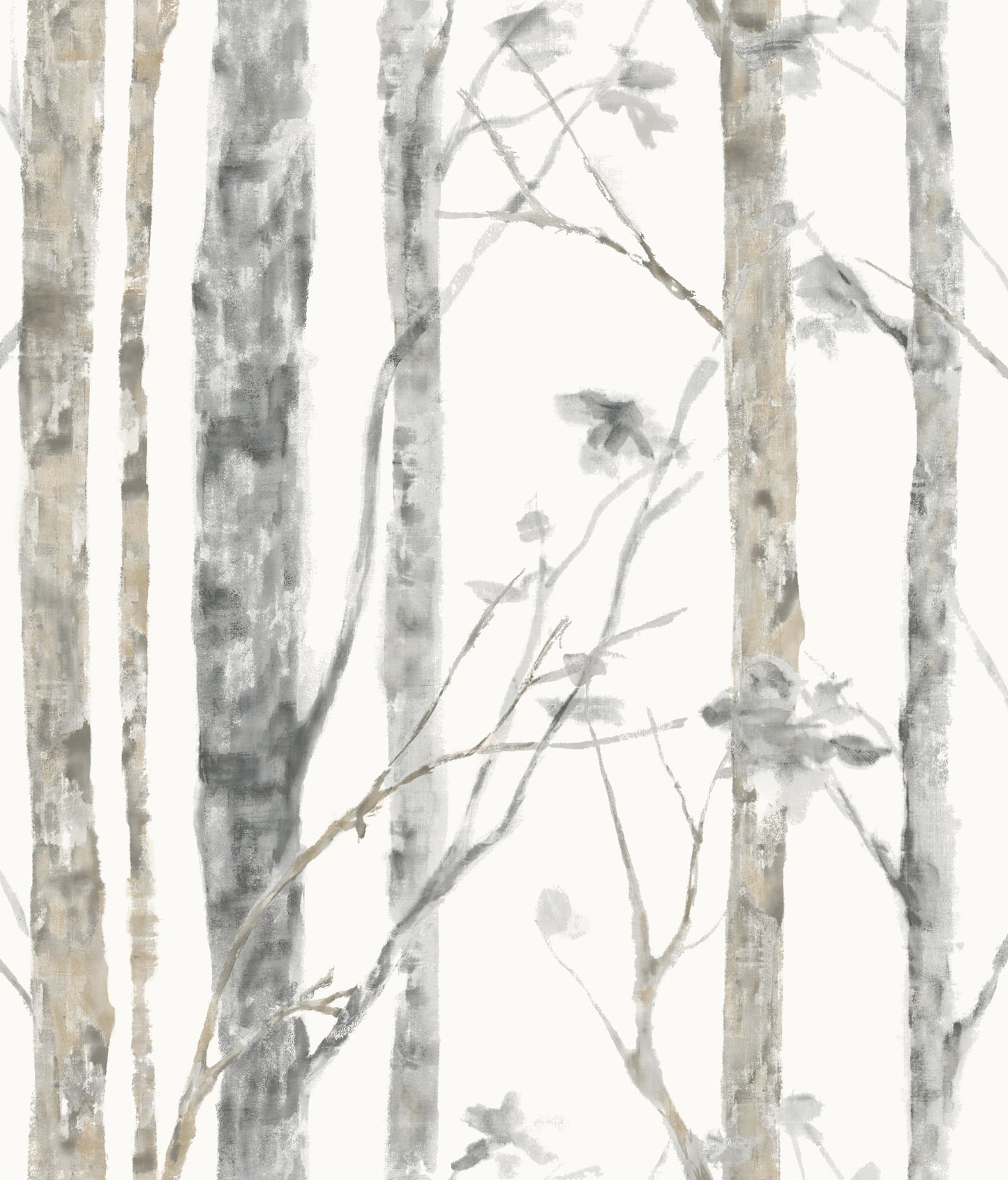 Watercolor birch trees in brown on white; delicate branches pattern for wallpaper.