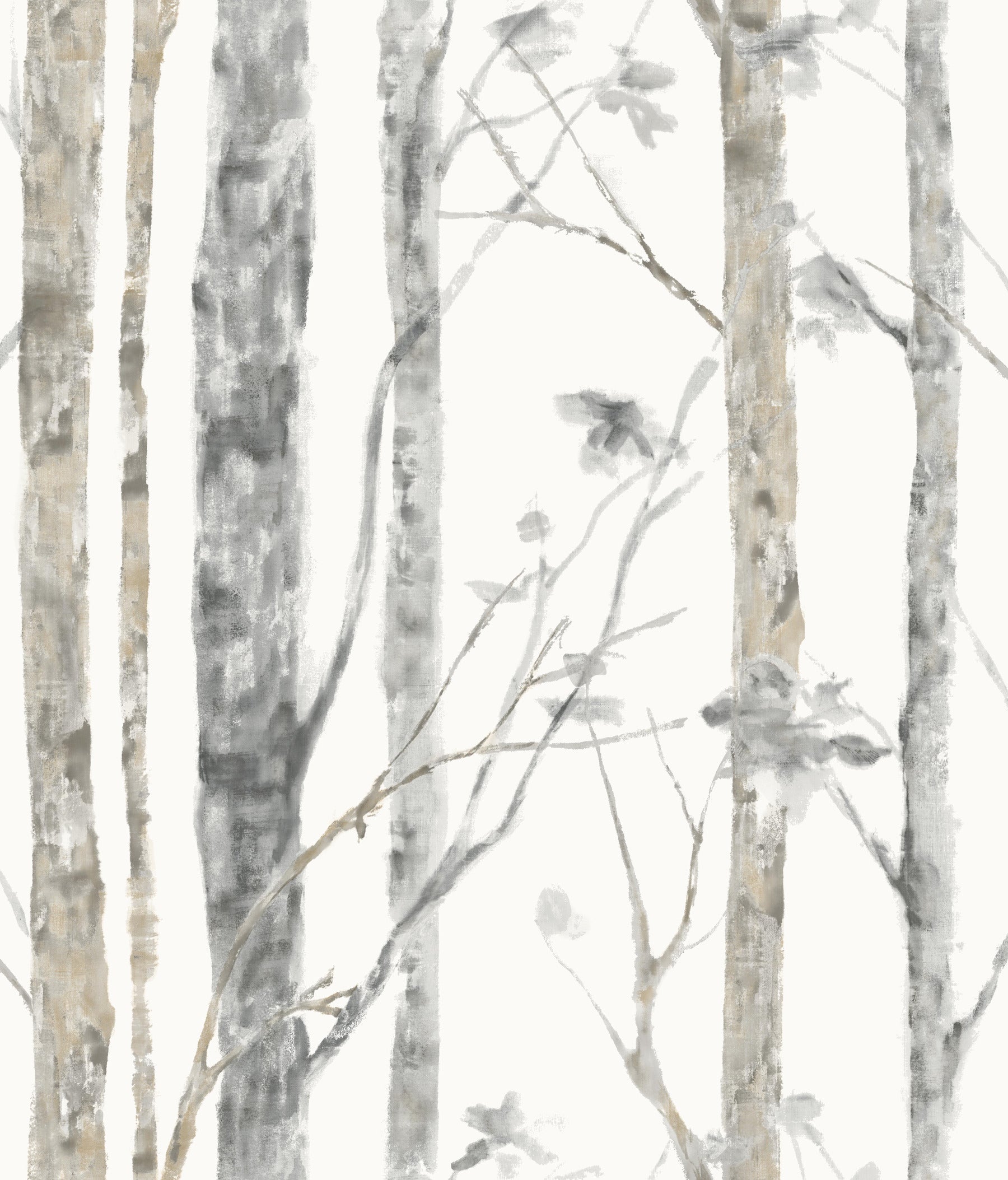 Watercolor birch trees in brown on white; delicate branches pattern for wallpaper.