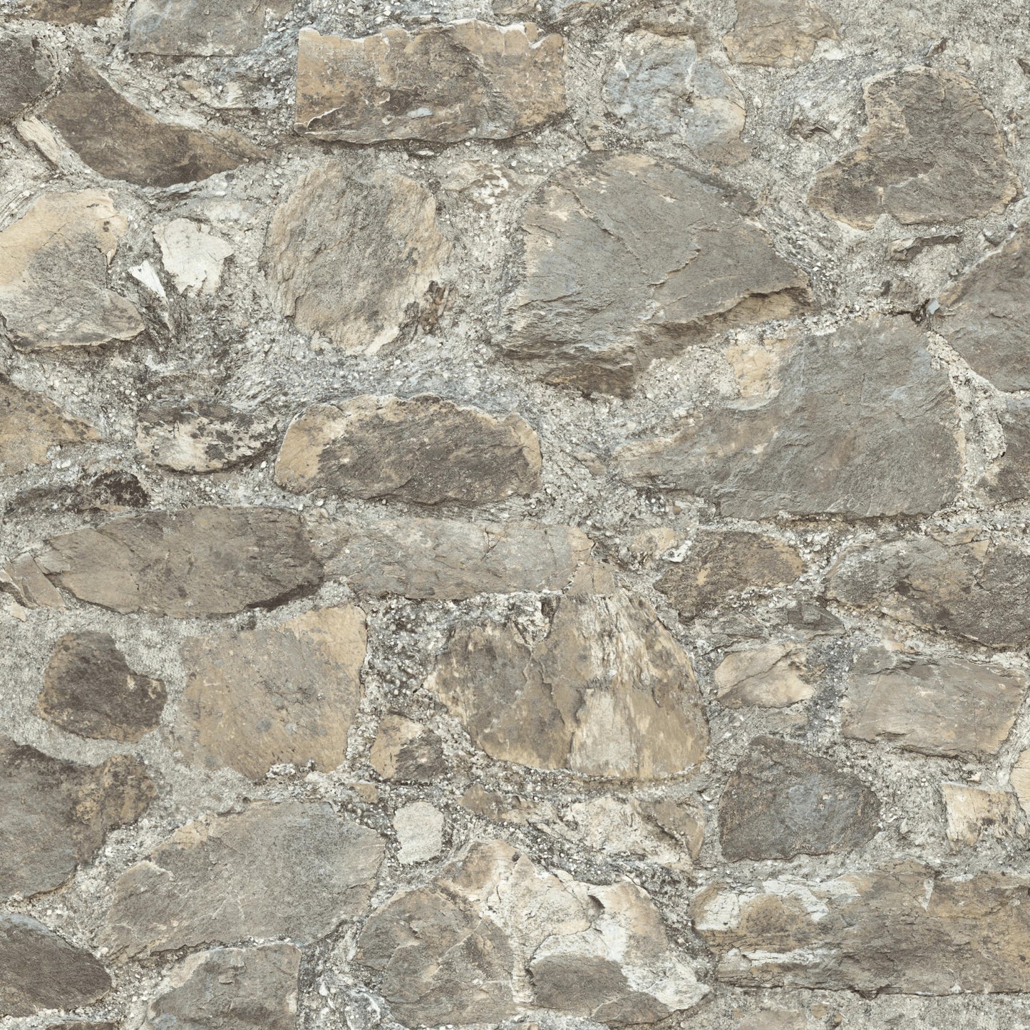Weathered stone pattern wallpaper in almond brown-gray tones with mortar texture; peel-and-stick.