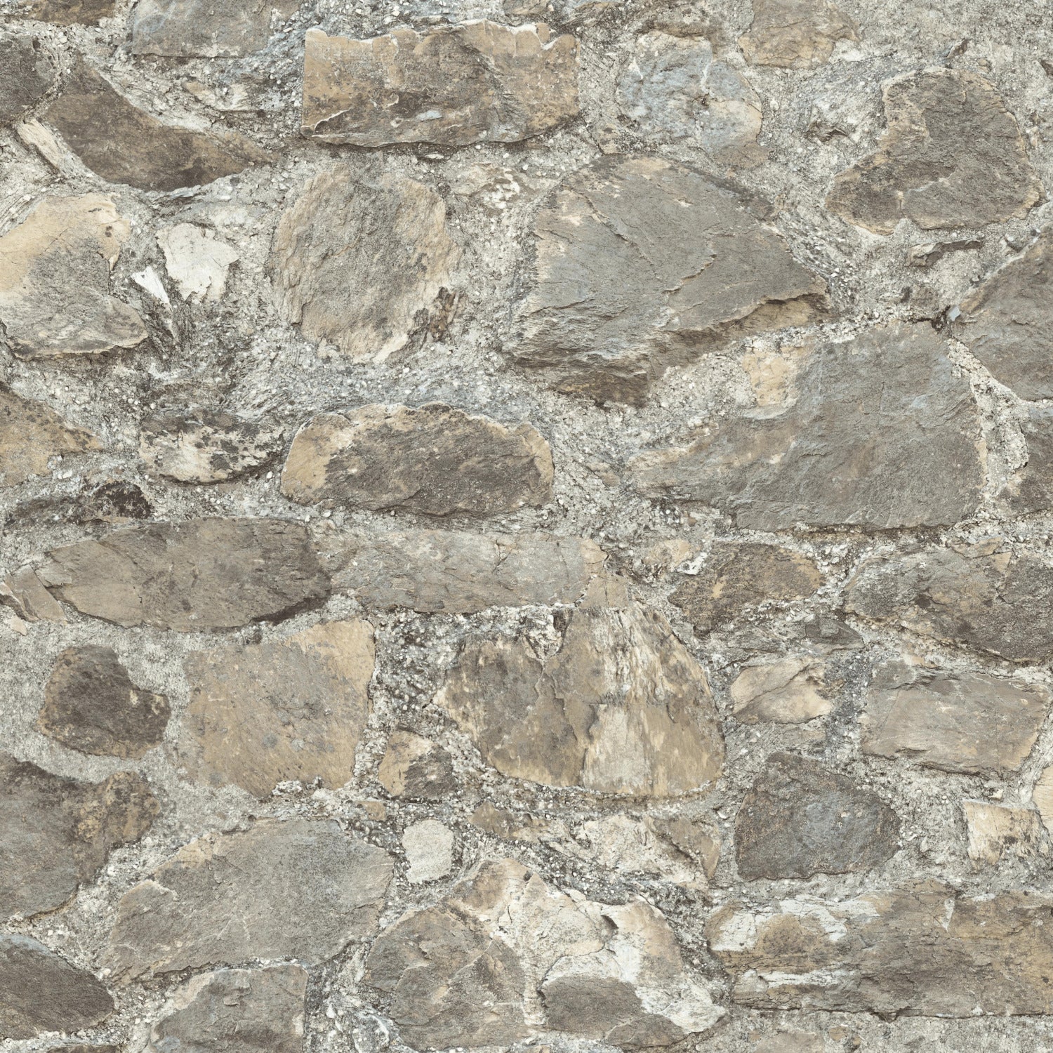 Weathered stone pattern wallpaper in almond brown-gray tones with mortar texture; peel-and-stick.