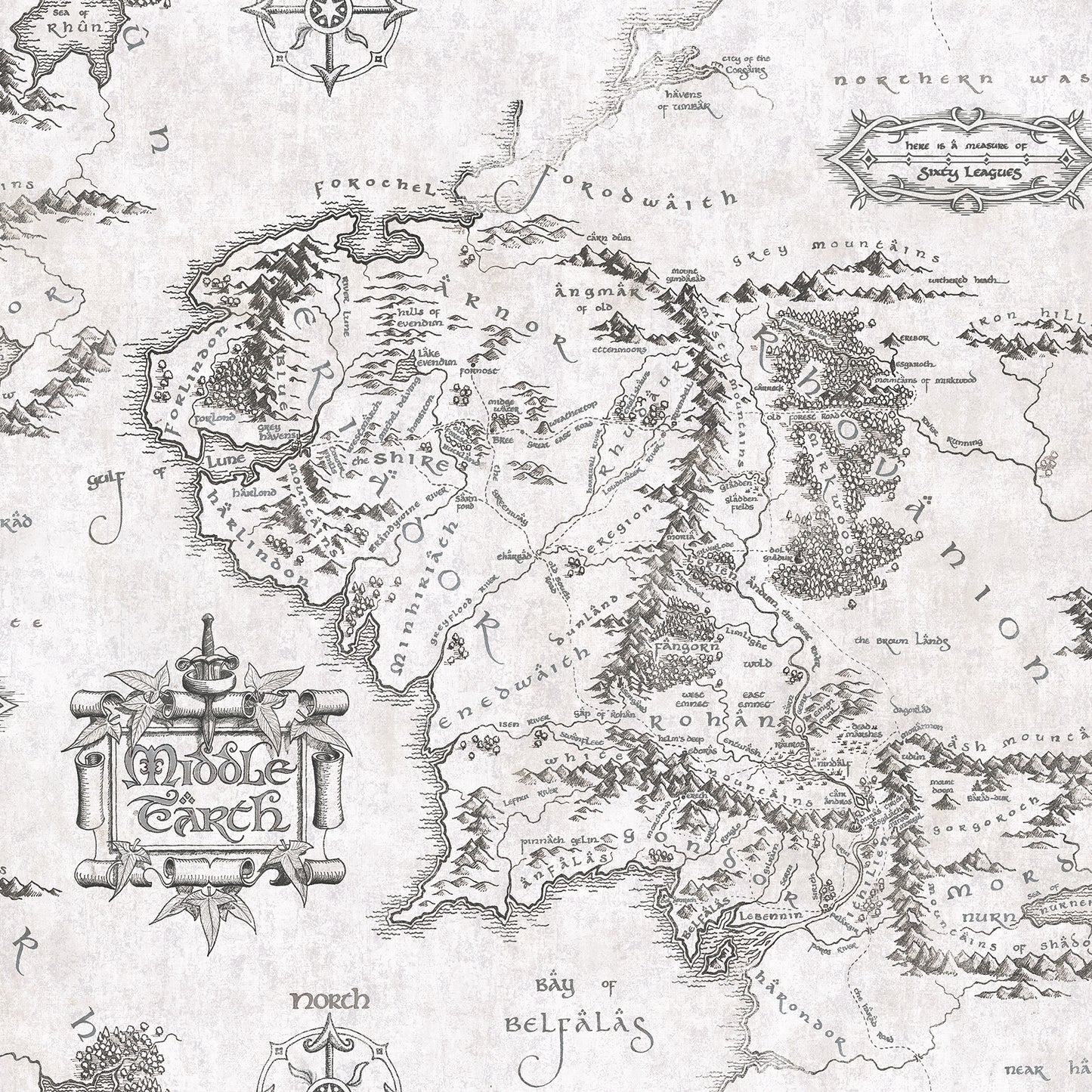 York Wallcoverings RoomMates Lord of the Rings Black and White Middle Earth Map Peel and Stick Wallpaper Vintage Graphics Whites and Off-Whites  Wallpaper - RMWS1232