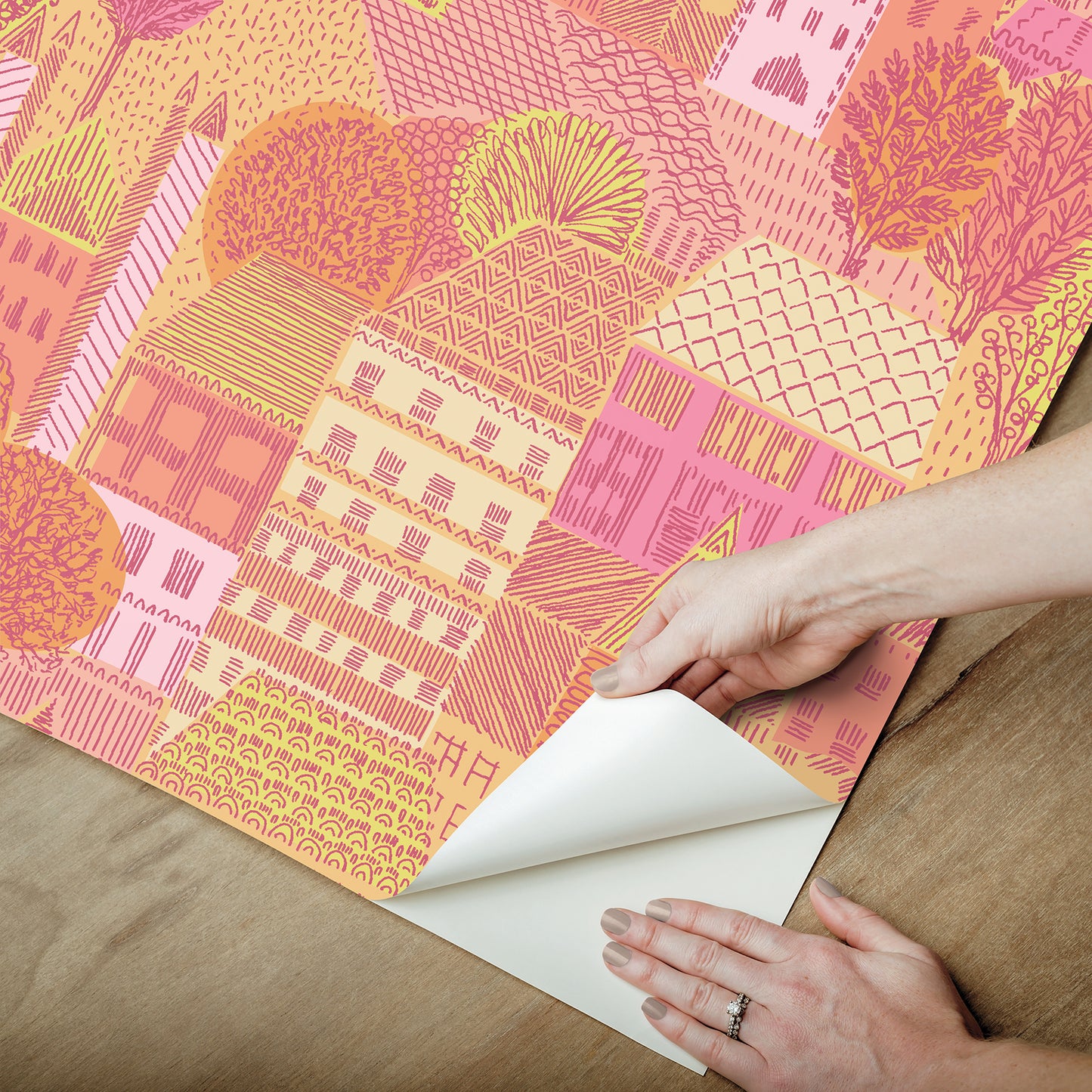 York Wallcoverings RoomMates Charming Village Pink and Orange Peel and Stick Wallpaper Modern Graphics Pinks  Wallpaper - RMWS1235