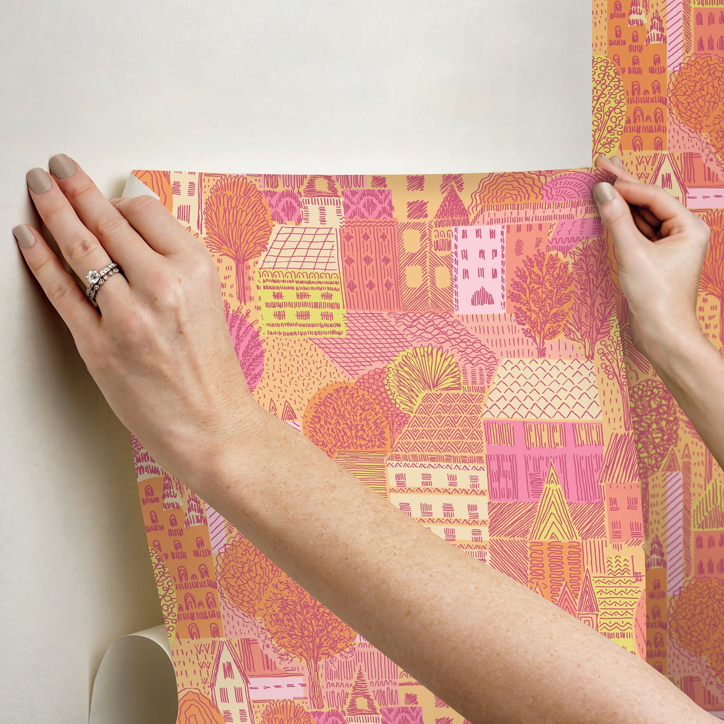 York Wallcoverings RoomMates Charming Village Pink and Orange Peel and Stick Wallpaper Modern Graphics Pinks  Wallpaper - RMWS1235