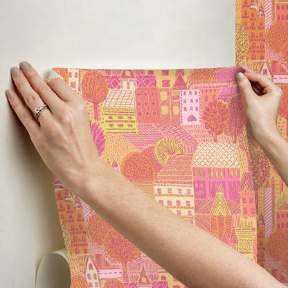 York Wallcoverings RoomMates Charming Village Pink and Orange Peel and Stick Wallpaper Modern Graphics Pinks  Wallpaper - RMWS1235