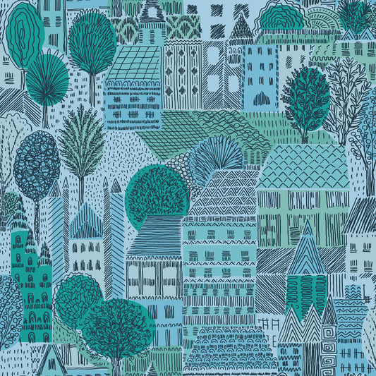 York Wallcoverings RoomMates Charming Village Blue Peel and Stick Wallpaper Modern Graphics Blues  Wallpaper - RMWS1236