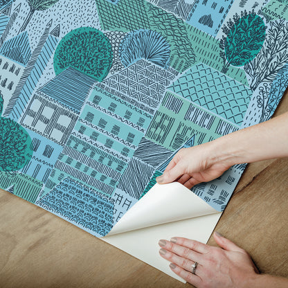 York Wallcoverings RoomMates Charming Village Blue Peel and Stick Wallpaper Modern Graphics Blues  Wallpaper - RMWS1236