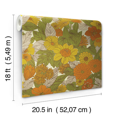 York Wallcoverings RoomMates Retro Floral Yellow and Orange Peel and Stick Wallpaper Modern Graphics Yellows  Wallpaper - RMWS1238