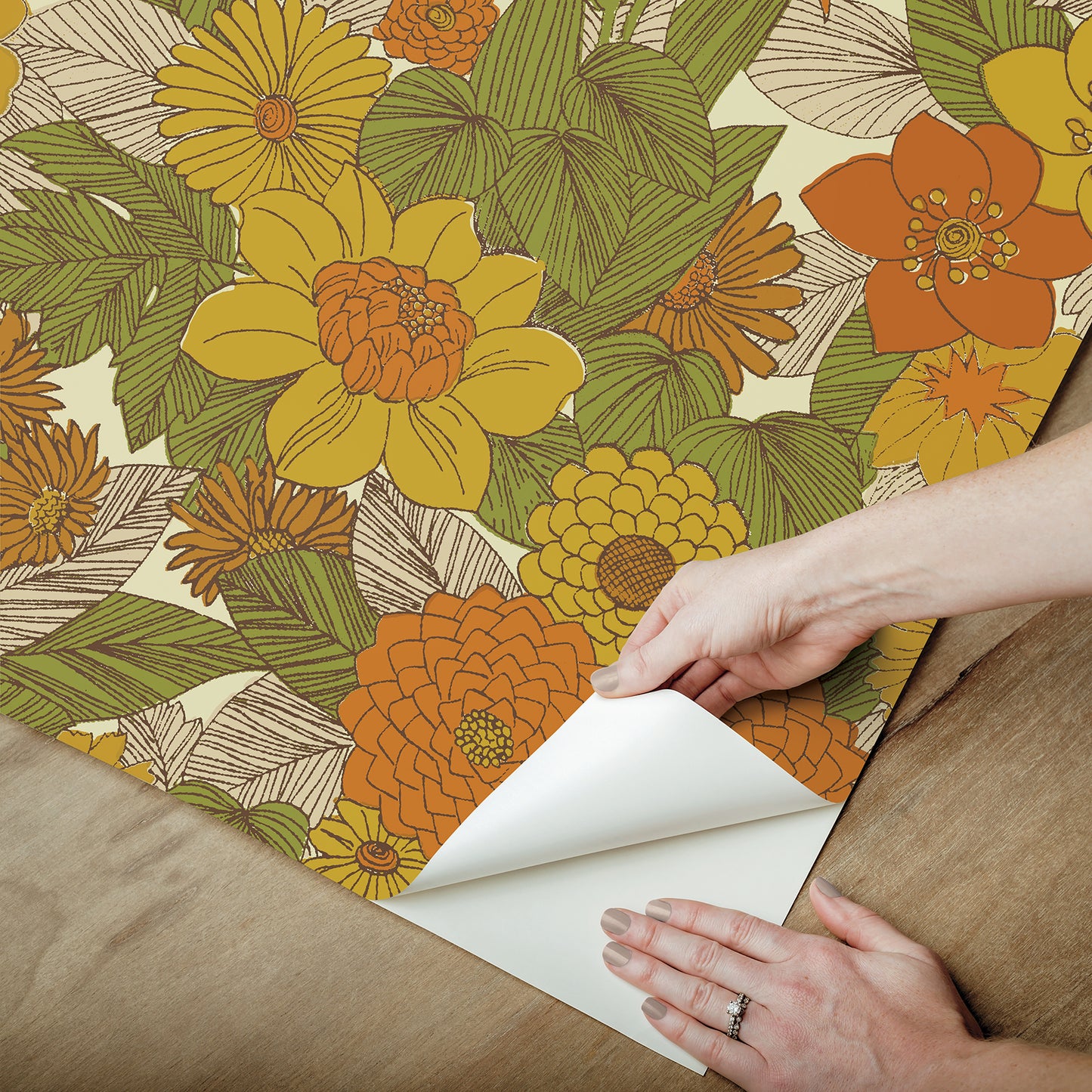 York Wallcoverings RoomMates Retro Floral Yellow and Orange Peel and Stick Wallpaper Modern Graphics Yellows  Wallpaper - RMWS1238