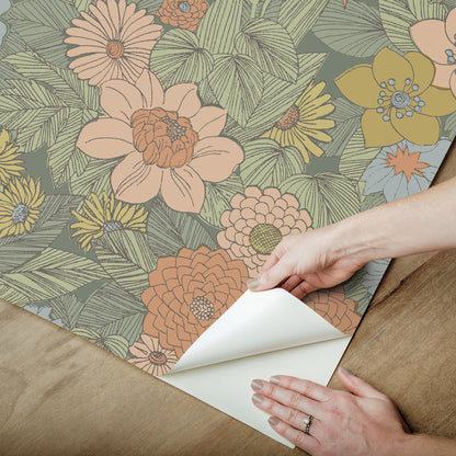 York Wallcoverings RoomMates Retro Floral Pink and Green Peel and Stick Wallpaper Modern Graphics Greens  Wallpaper - RMWS1239