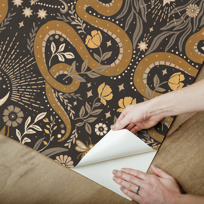 York Wallcoverings RoomMates Mystic Serpent Black Gold Peel and Stick Wallpaper Modern Animals Blacks  Wallpaper - RMWS1255