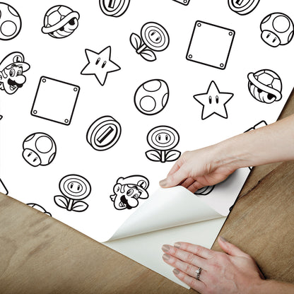 York Wallcoverings RoomMates Nintendo Super Mario Power Up Icons Black and White Peel and Stick Wallpaper Kids Graphics Whites and Off-Whites  Wallpaper - RMWS1268