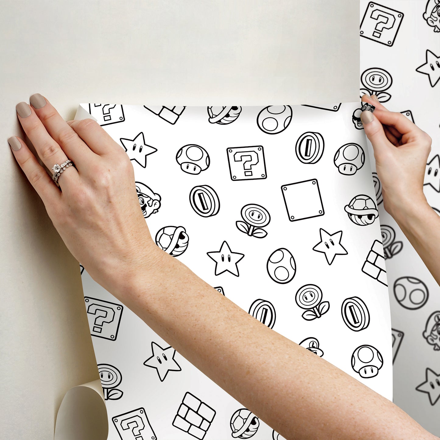 York Wallcoverings RoomMates Nintendo Super Mario Power Up Icons Black and White Peel and Stick Wallpaper Kids Graphics Whites and Off-Whites  Wallpaper - RMWS1268