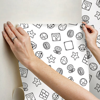 York Wallcoverings RoomMates Nintendo Super Mario Power Up Icons Black and White Peel and Stick Wallpaper Kids Graphics Whites and Off-Whites  Wallpaper - RMWS1268