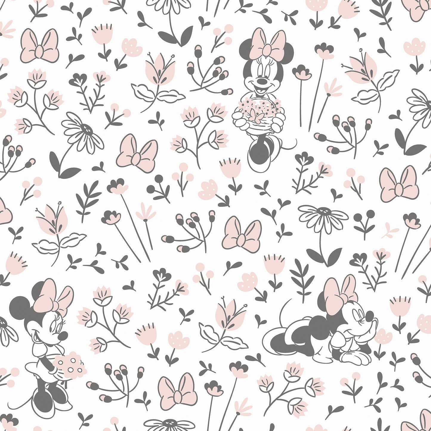 York Wallcoverings RoomMates Disney Minnie Mouse Pretty as a Flower Black and White Peel and Stick Wallpaper Kids Graphics Pinks  Wallpaper - RMWS1272