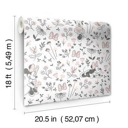 York Wallcoverings RoomMates Disney Minnie Mouse Pretty as a Flower Black and White Peel and Stick Wallpaper Kids Graphics Pinks  Wallpaper - RMWS1272