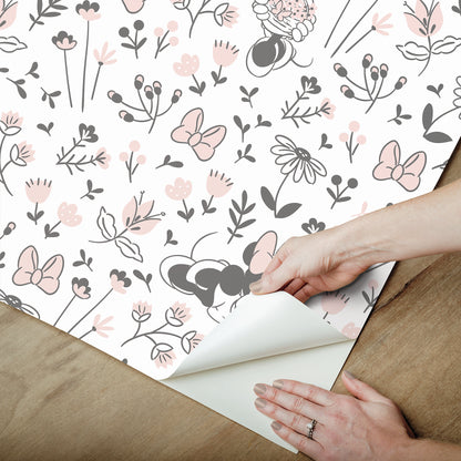 York Wallcoverings RoomMates Disney Minnie Mouse Pretty as a Flower Black and White Peel and Stick Wallpaper Kids Graphics Pinks  Wallpaper - RMWS1272