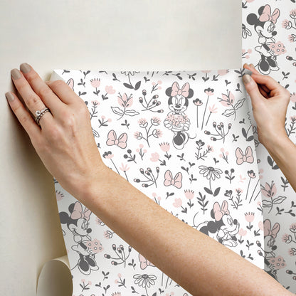 York Wallcoverings RoomMates Disney Minnie Mouse Pretty as a Flower Black and White Peel and Stick Wallpaper Kids Graphics Pinks  Wallpaper - RMWS1272