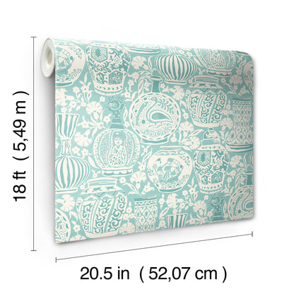 York Wallcoverings RoomMates Delft Pottery Aqua Peel and Stick Wallpaper Modern Global Greens  Wallpaper - RMWS1274