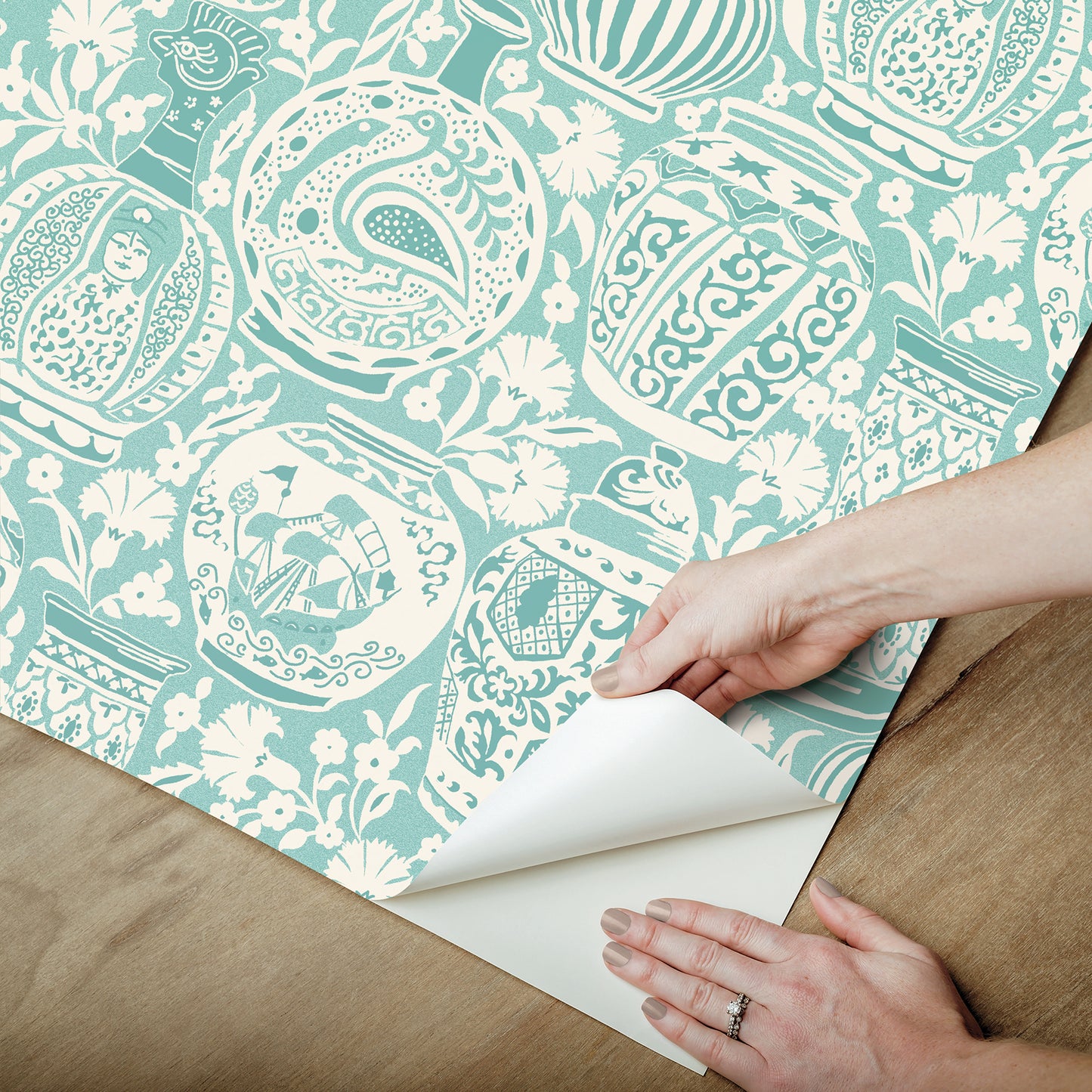 York Wallcoverings RoomMates Delft Pottery Aqua Peel and Stick Wallpaper Modern Global Greens  Wallpaper - RMWS1274