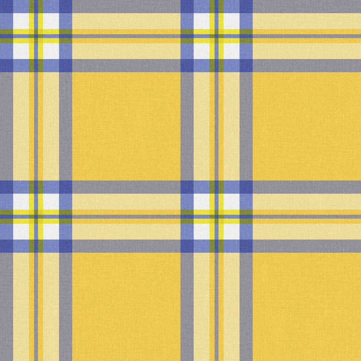 Yellow plaid fabric with blue and white checks on gray background; woven textile ideal for shirts or table linens.