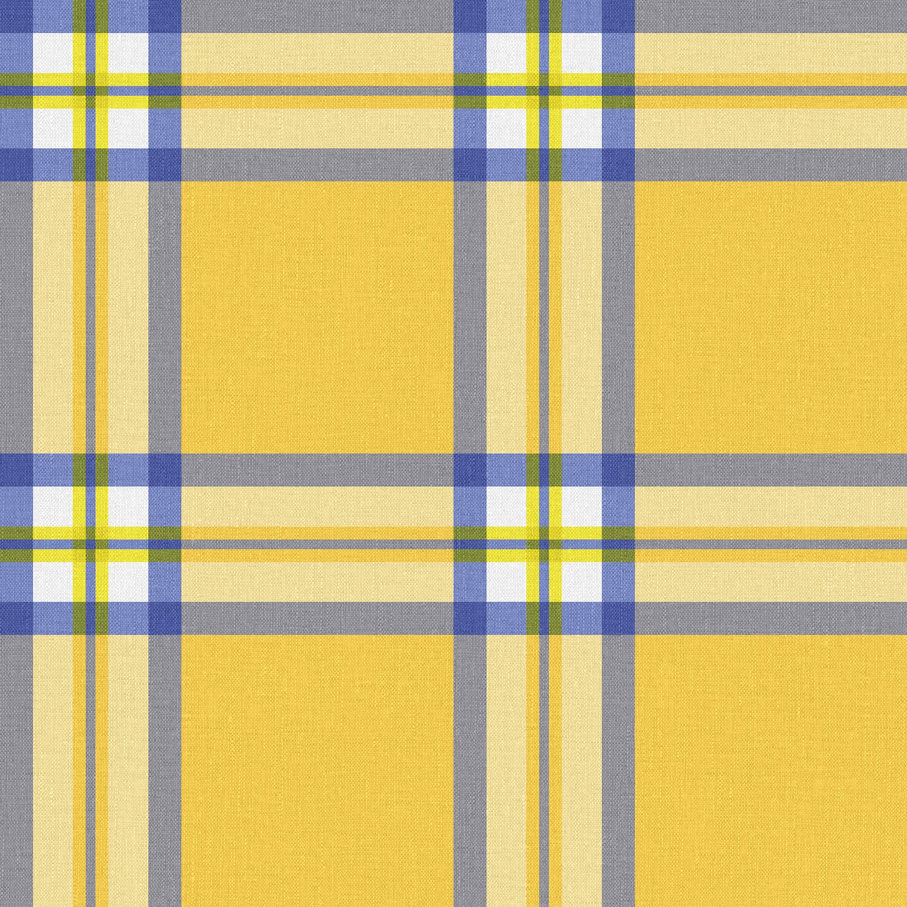 Yellow plaid fabric with blue and white checks on gray background; woven textile ideal for shirts or table linens.