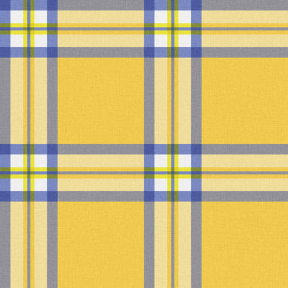 Yellow plaid fabric with blue and white checks on gray background; woven textile ideal for shirts or table linens.