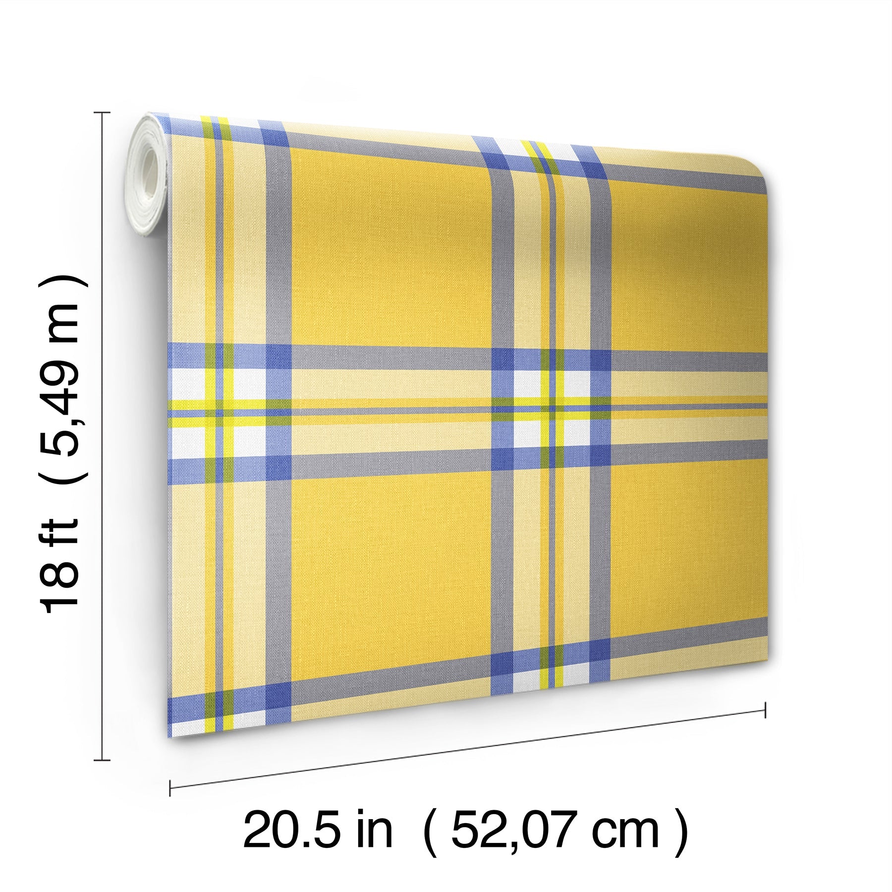 Yellow plaid fabric roll with blue and gray stripes, rolled edge.
