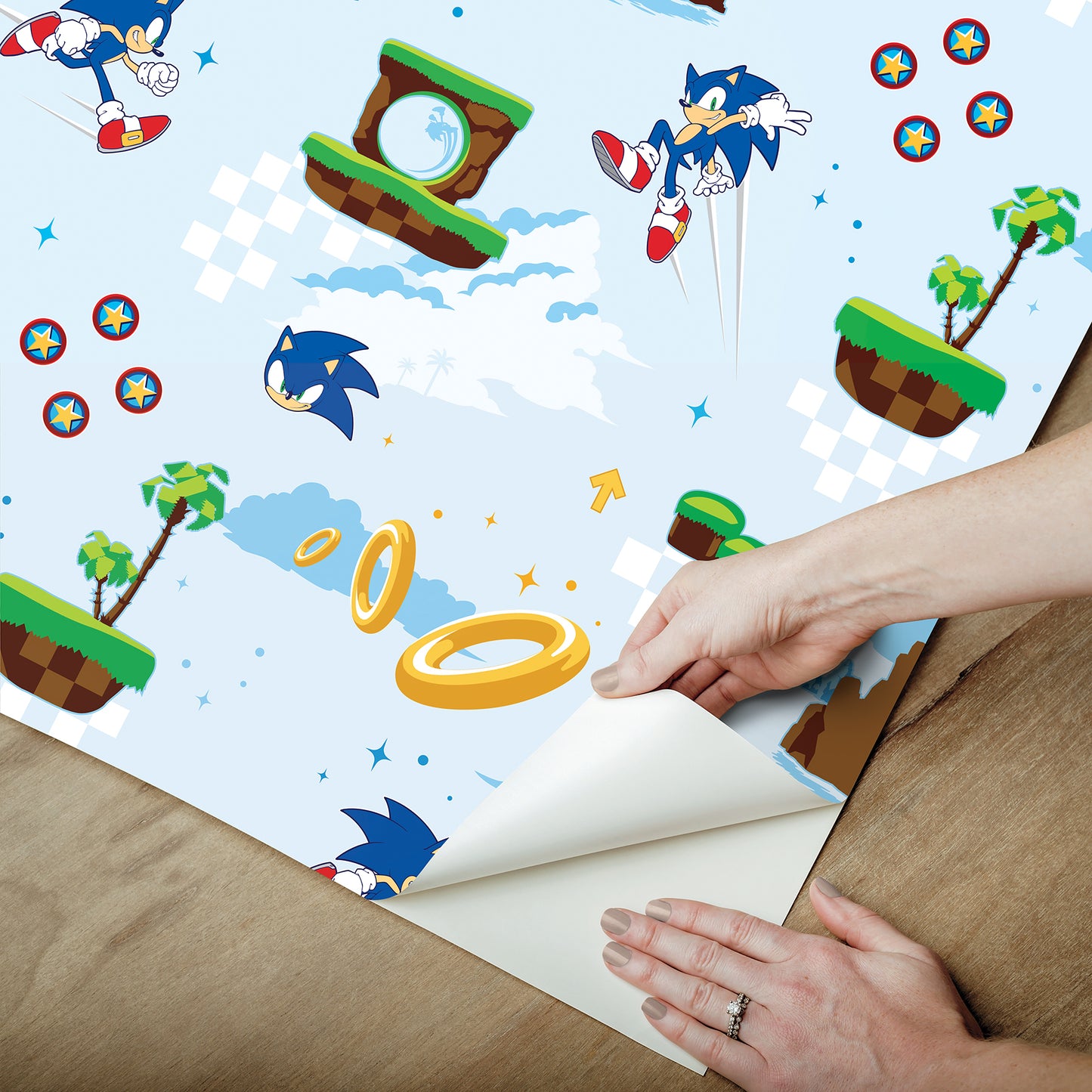 York Wallcoverings RoomMates Sonic The Hedgehog Green Hill Zone Peel and Stick Wallpaper Graphics Kids Blue  Current Peel & Stick - RMWS1335