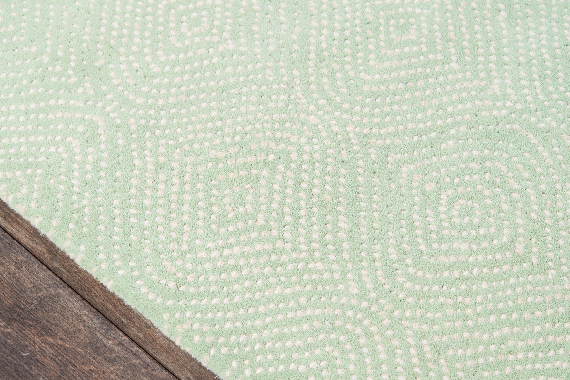 Mint green runner rug with a white dotted spiral geometric pattern on a wooden floor.