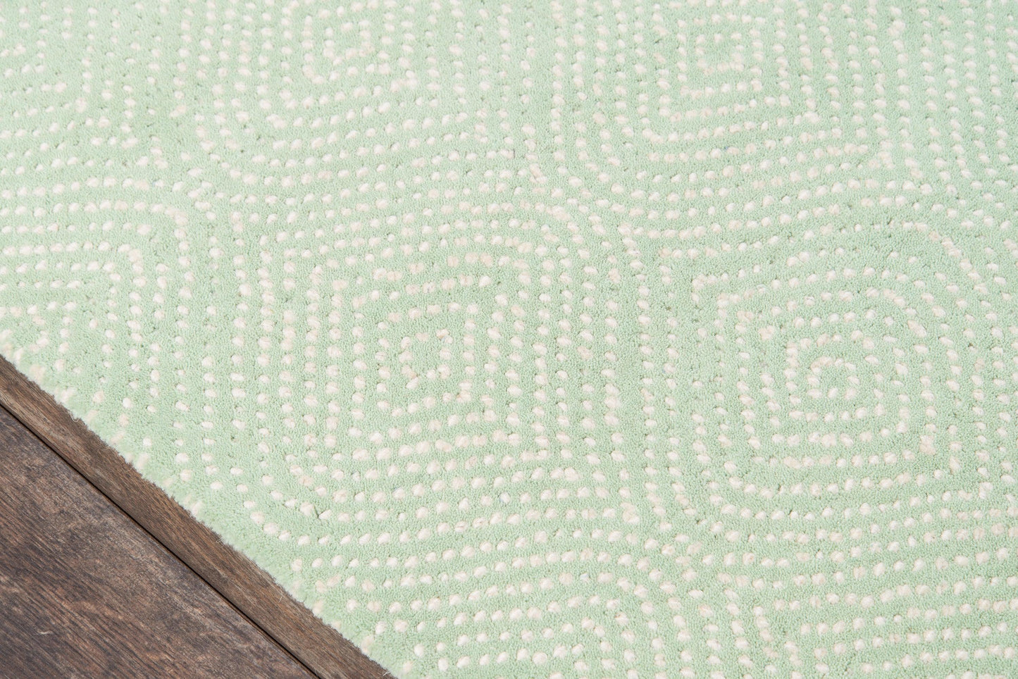 Mint green rug with cream dotted geometric maze pattern; soft texture near wood floor corner.