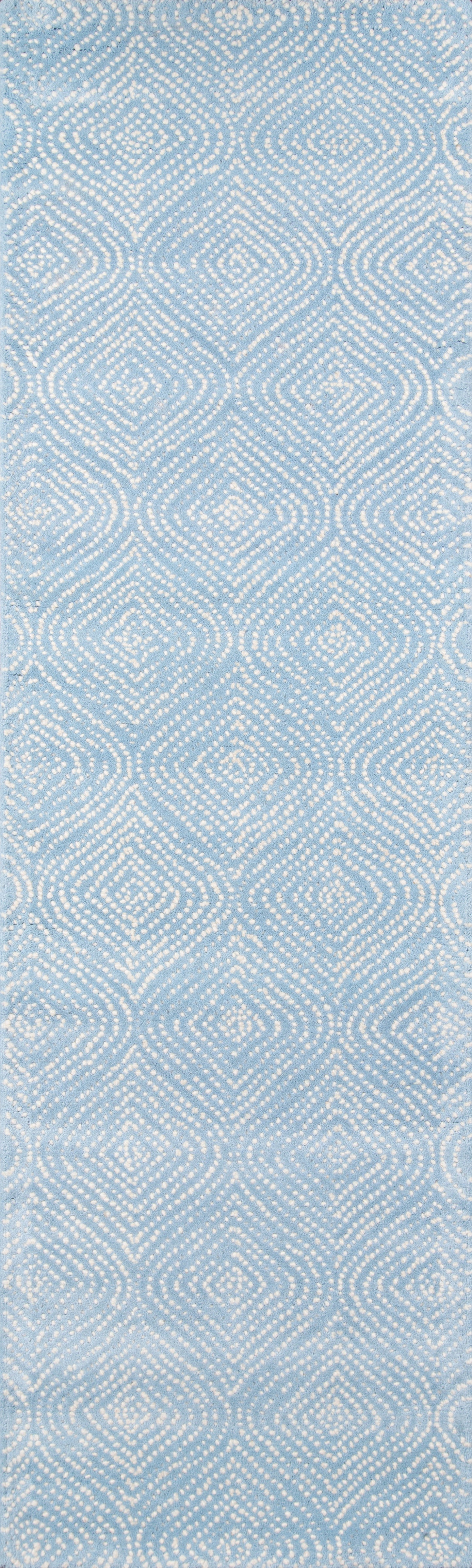 Light blue rug runner with a white diamond lattice pattern and soft texture.