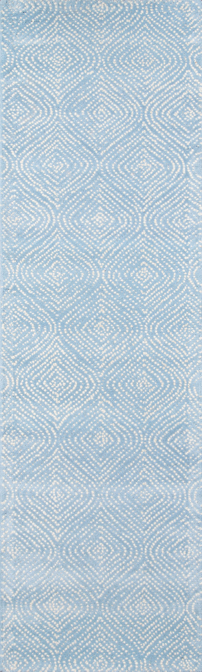 Light blue rug runner with a white diamond lattice pattern and soft texture.