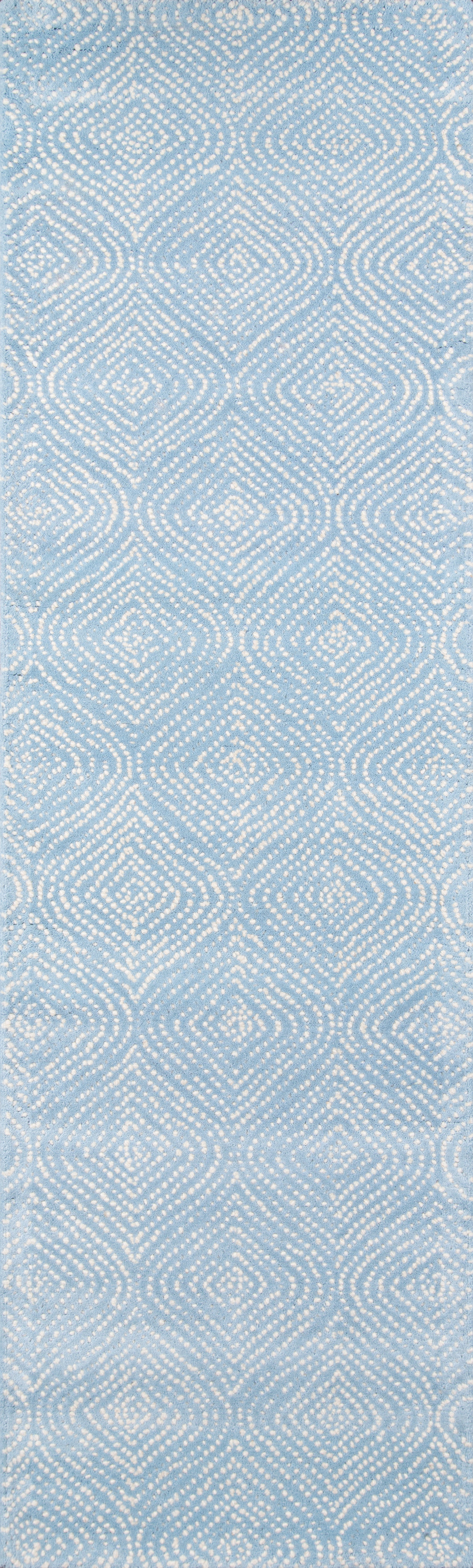 Soft blue woven fabric with white diamond lattice pattern; geometric, versatile for upholstery or drapery.