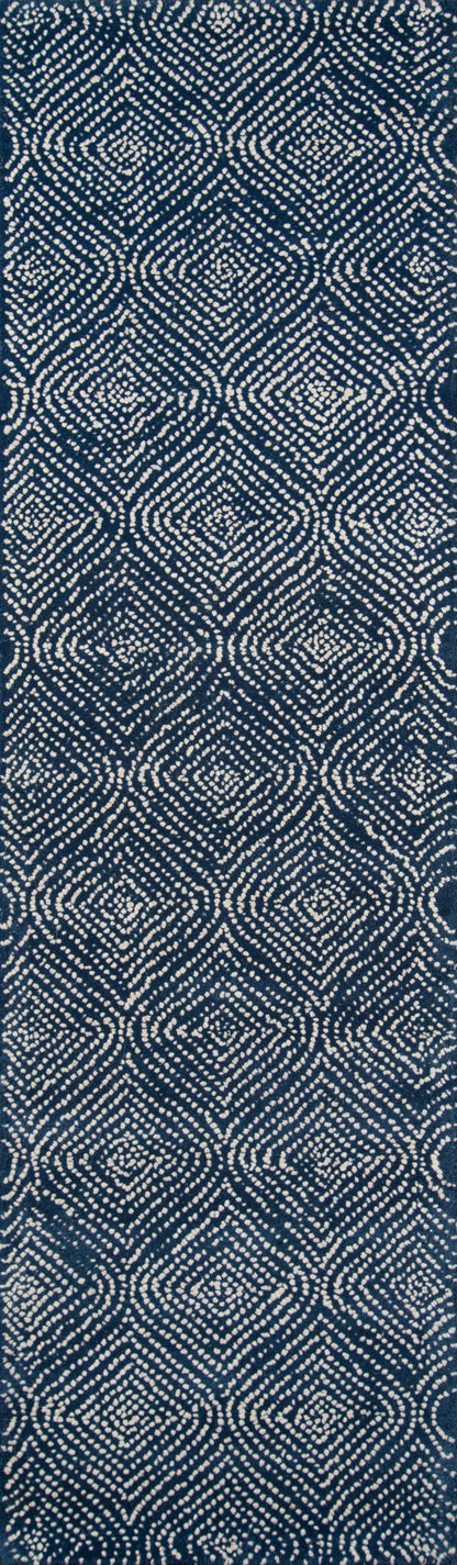 Navy blue fabric with white circular geometric motif in a repeating lattice pattern; versatile textile.