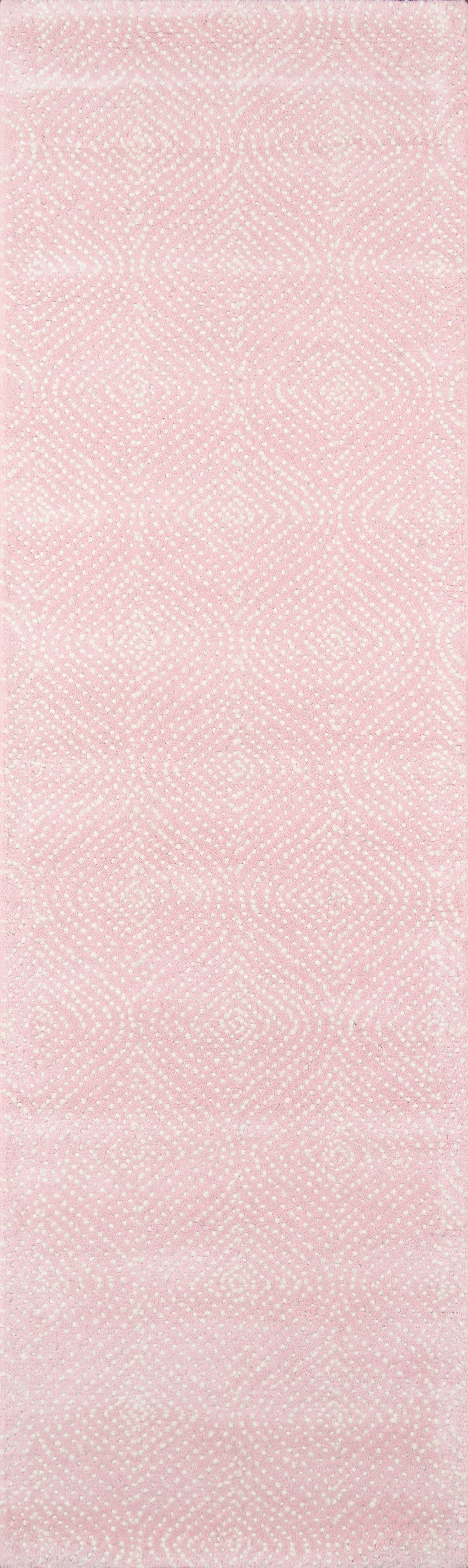 Soft pink damask-pattern fabric with subtle white motifs, lightweight textile for dresses or home decor.