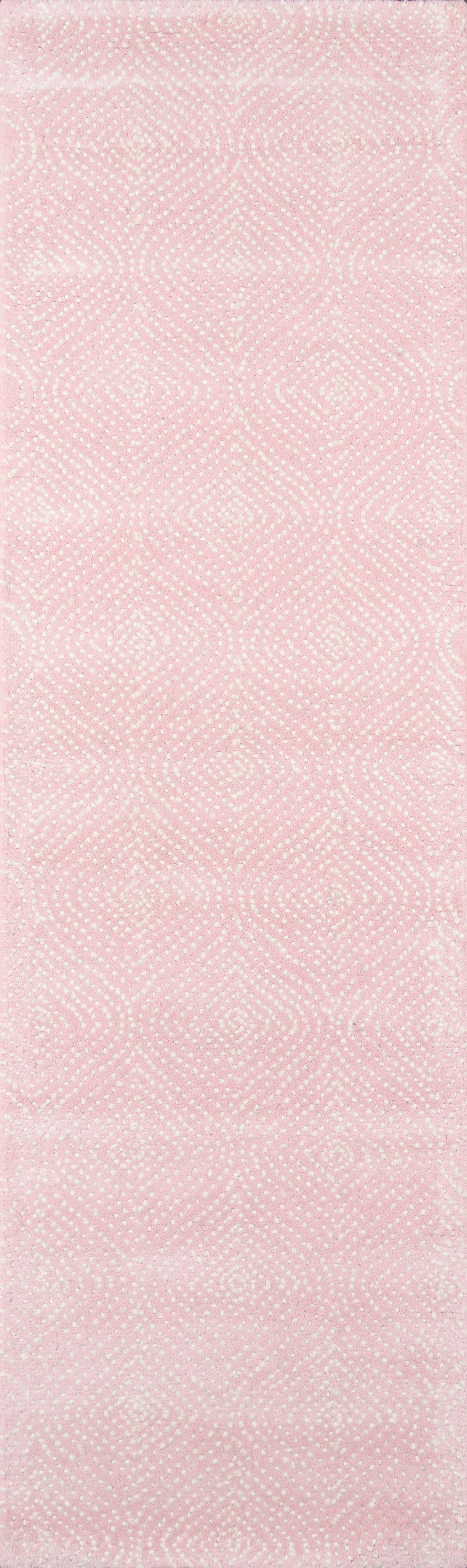 Soft pink textured rug runner with a delicate repeating diamond lattice pattern.