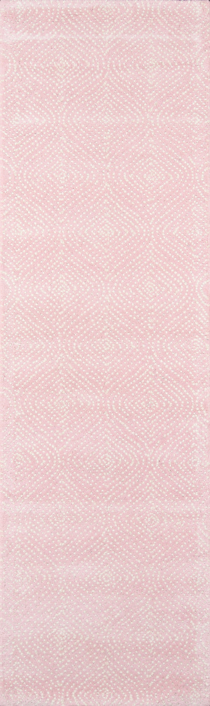 Soft pink rug with a delicate white circular geometric pattern; suitable for home decor.