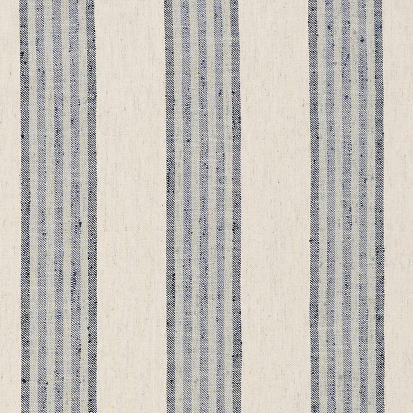 Cream woven fabric with vertical navy blue stripes; linen-like texture, classic striped design.