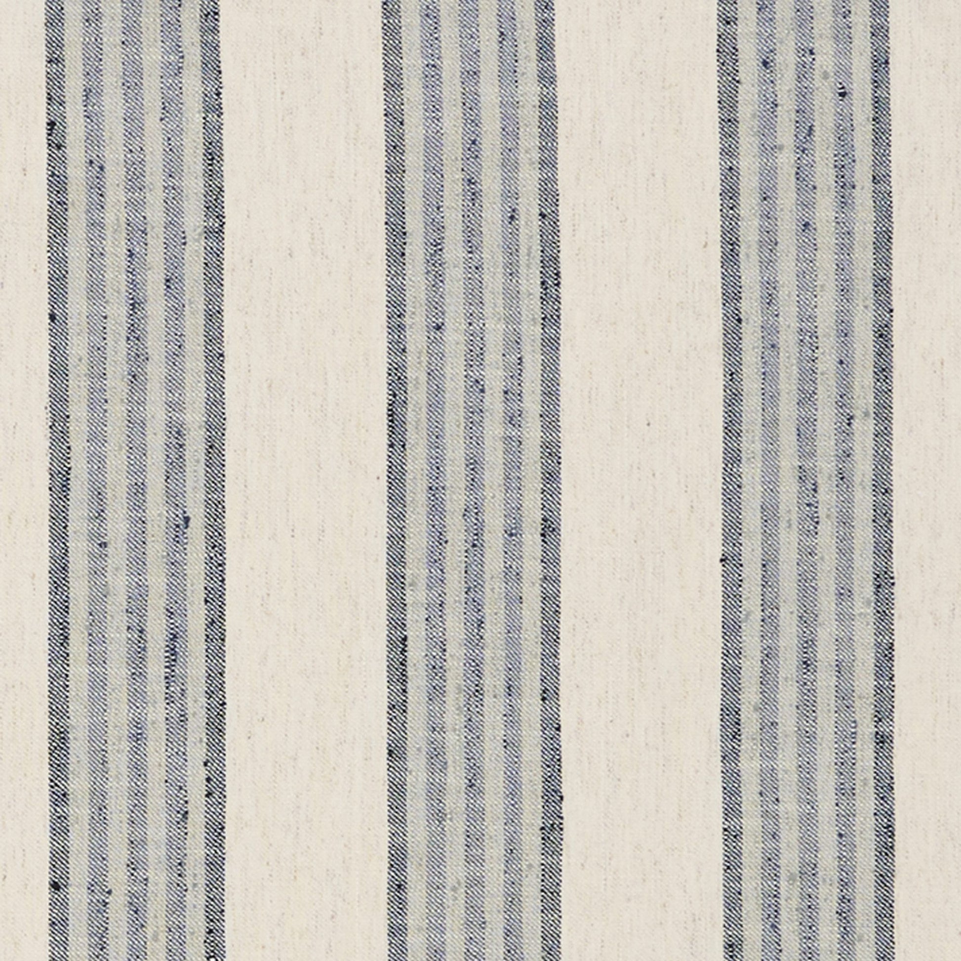Cream woven fabric with vertical navy blue stripes; linen-like texture, classic striped design.