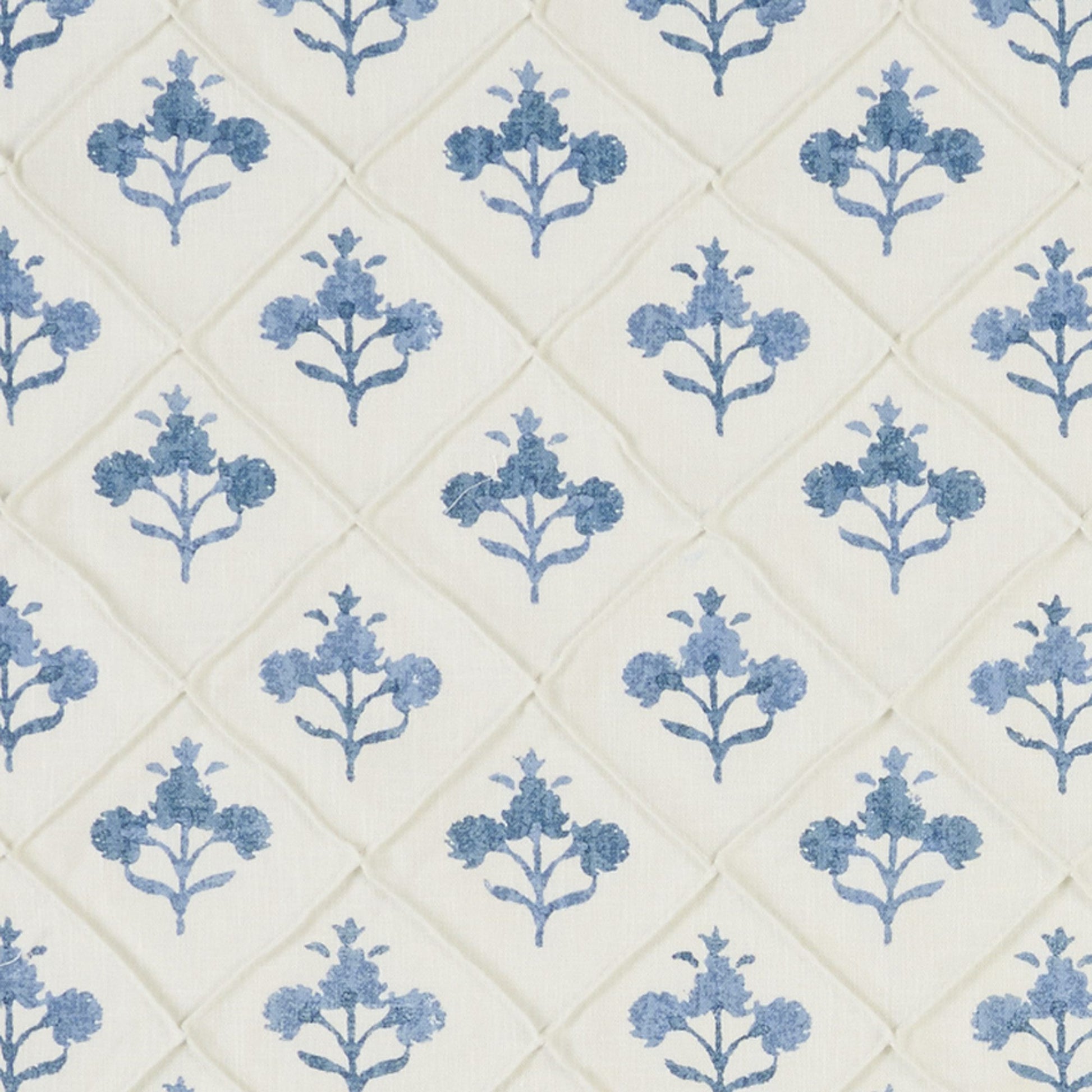 Quilted fabric with blue floral motifs in a diamond lattice pattern; ideal for bedding or upholstery.