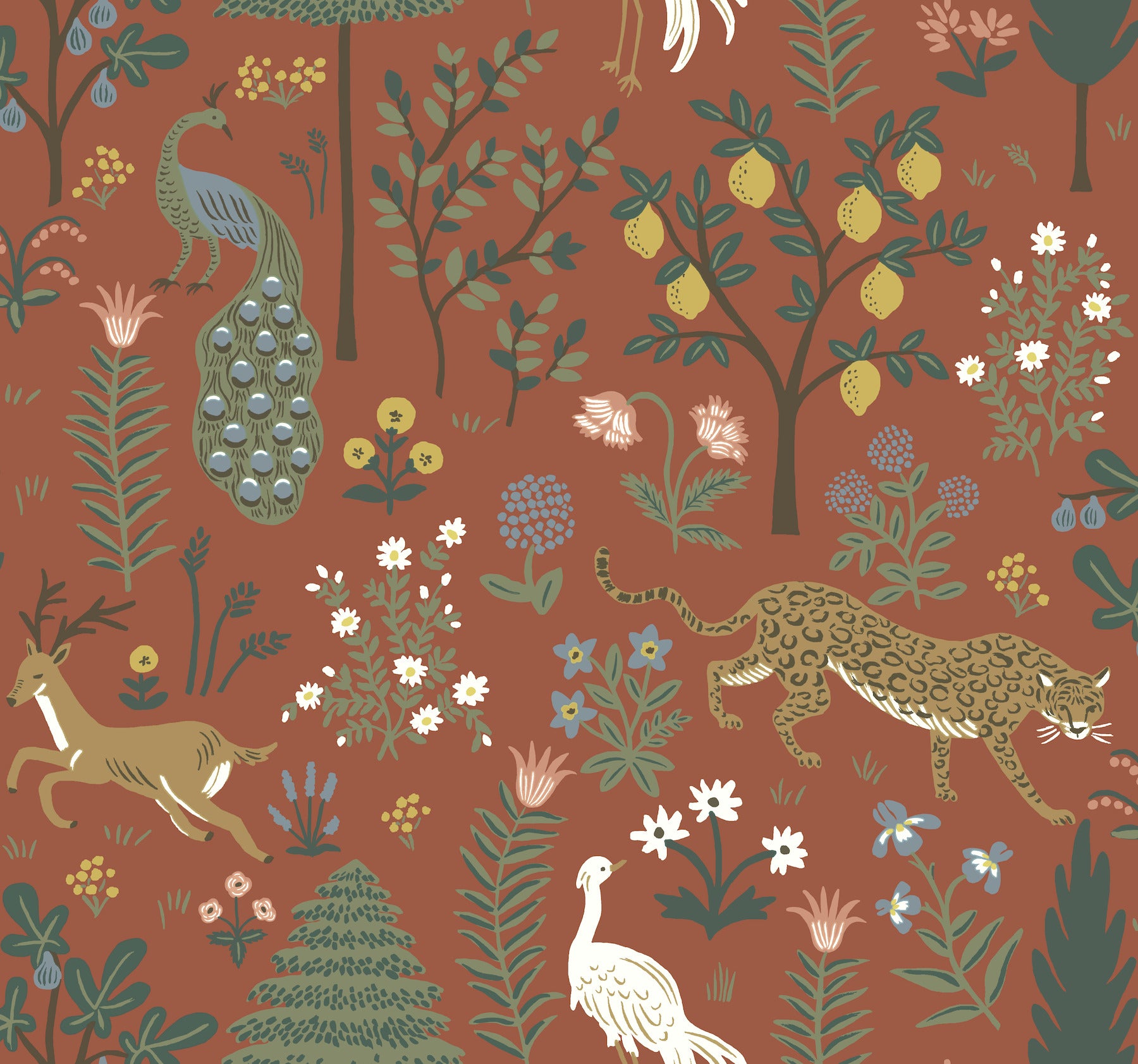 Whimsical brown wallpaper pattern with leopard, gazelle, peacock, lemon trees and colorful flowers