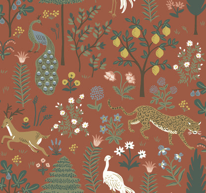 Whimsical brown wallpaper pattern with leopard, gazelle, peacock, lemon trees and colorful flowers