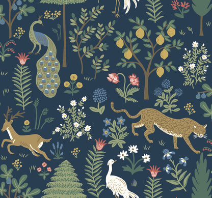 York Wallcoverings Rifle Paper Co. Second Edition Menagerie Blue and Brown Wallpaper  Animals Browns   - RP7304