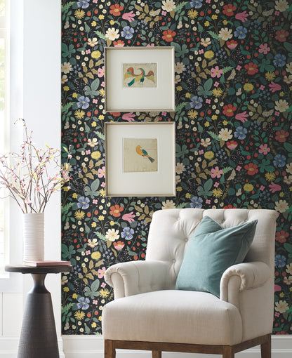 York Wallcoverings Rifle Paper Co. Second Edition Strawberry Fields Black and Green Wallpaper  Florals and Flowers Greens   - RP7355